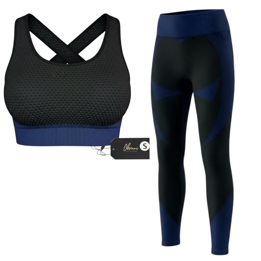 Seamless Sports Bra & High Waisted Leggings Set | Black & Blue | Activewear